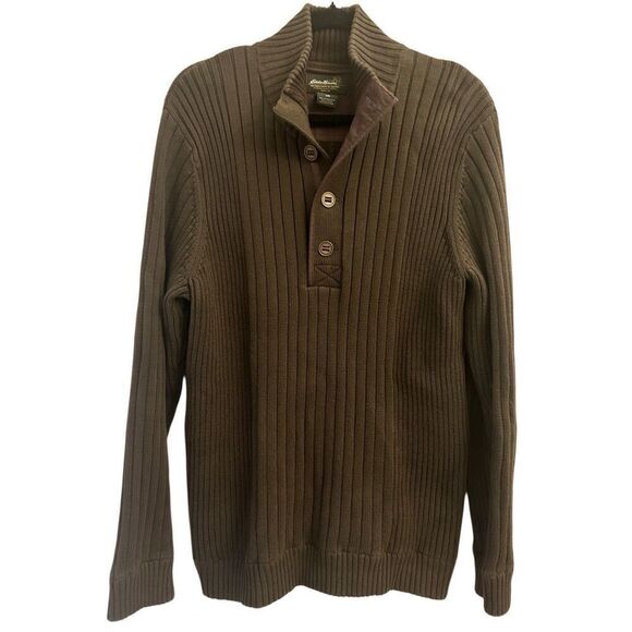 Eddie Bauer Ribbed Cotton 1/4 Button Sweater L Olive Green EUC - Picture 1 of 6